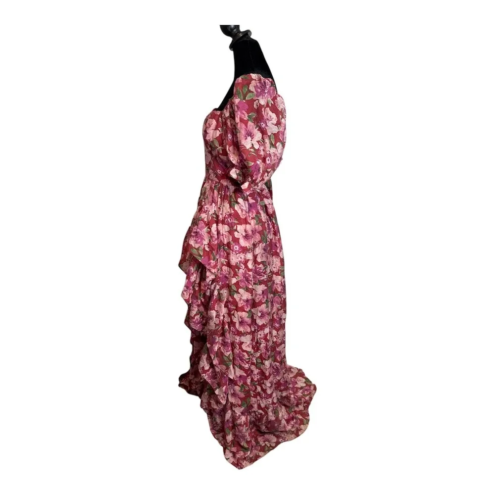 Floral Ruffle Maxi Dress Women L Sweetheart Neck Puff Sleeve Cottage Romantic